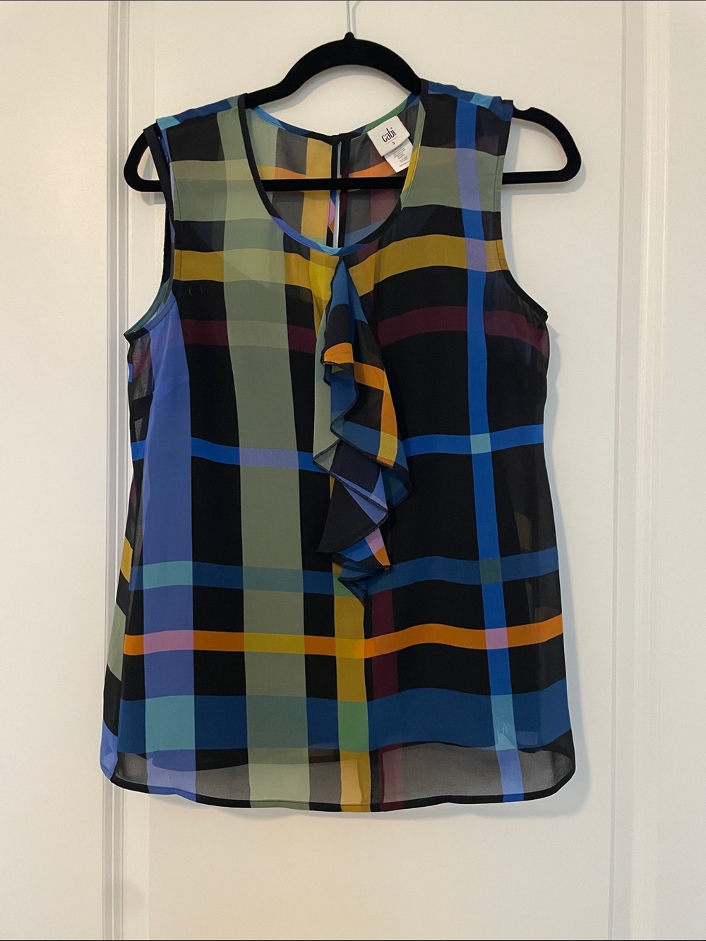 CAbi Multicolor Plaid Ruffle Neck Sleeveless Top - Black/Blue/Gold/Green